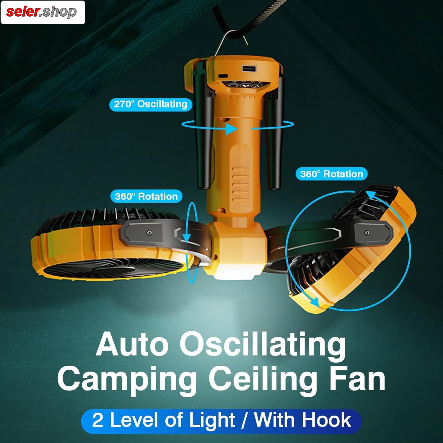 پنکه شارژی چندکاره مدل Double Head Camping Fan with LED Light F7300