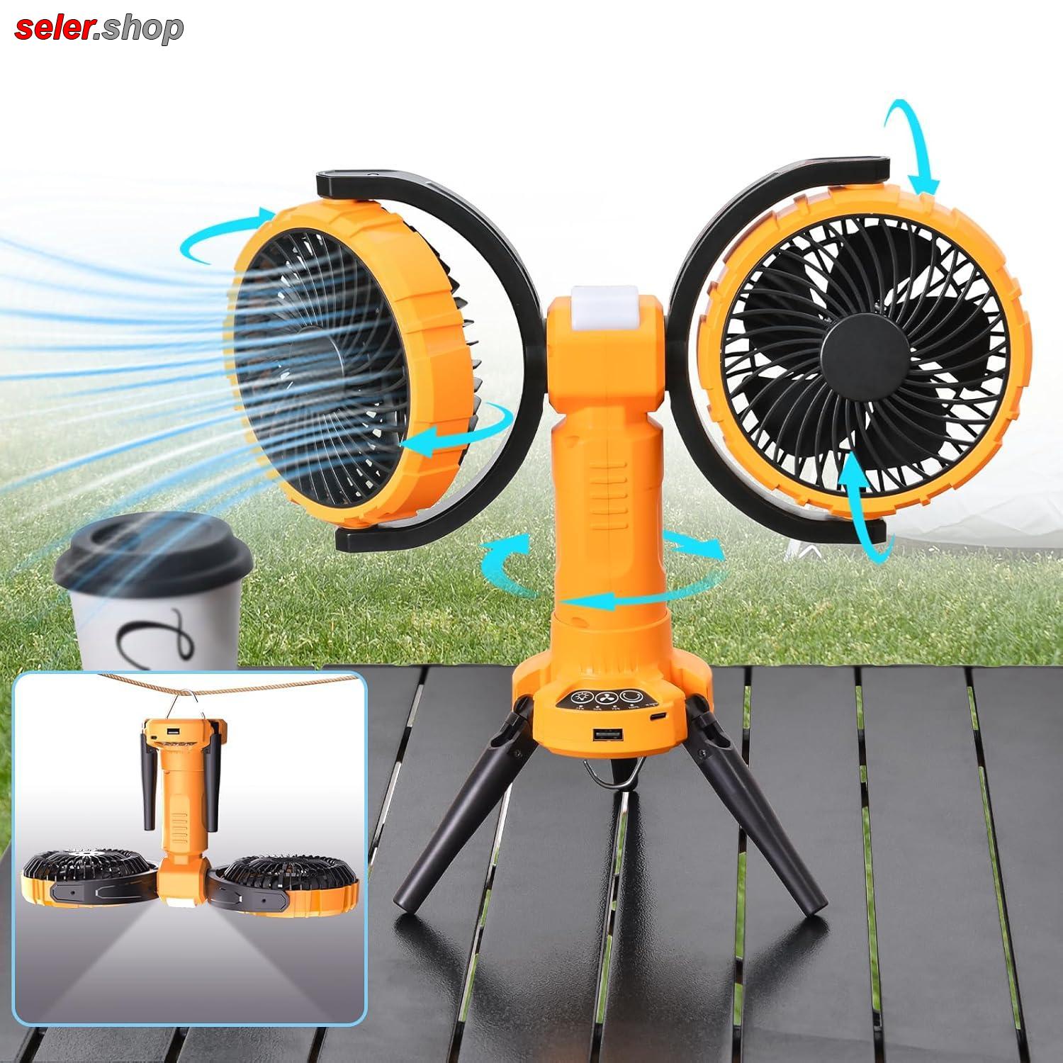 پنکه شارژی چندکاره مدل Double Head Camping Fan with LED Light F7300
