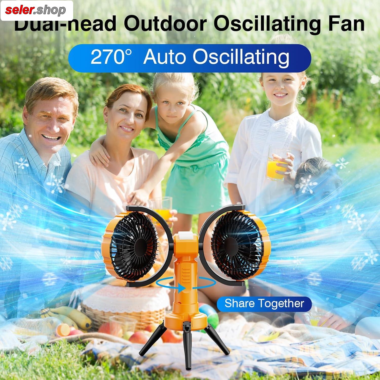 پنکه شارژی چندکاره مدل Double Head Camping Fan with LED Light F7300